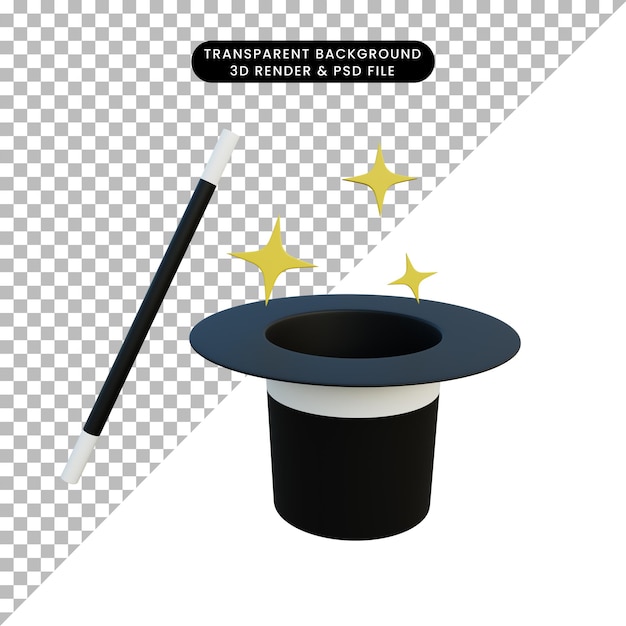 3d illustration simple object magic hat and magic stickwith sparkle