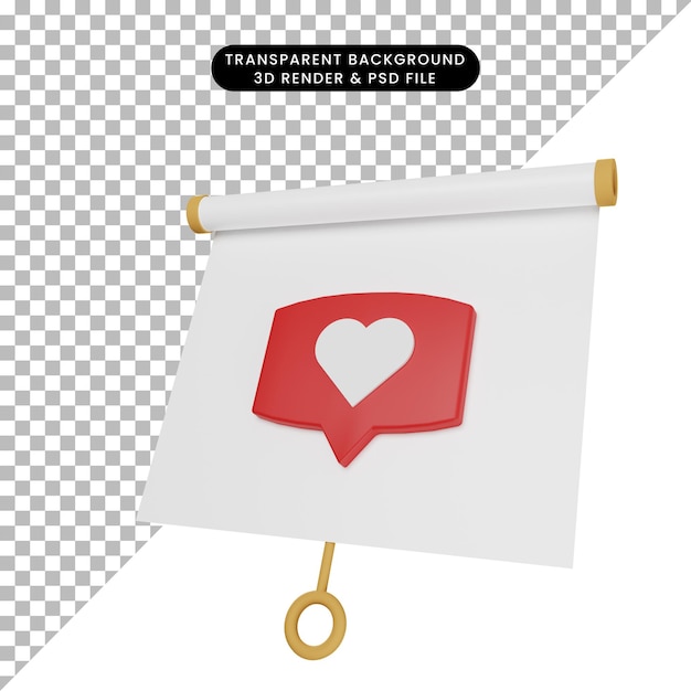 3d illustration of simple object presentation board slightly tilted with chat love bubble icon