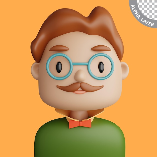 3D illustration of smiling caucasian man Cartoon close up portrait of standing caucasian man with moustache on a yellow background 3D Avatar for ui ux