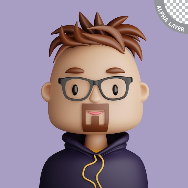 3D illustration of smiling caucasian man Cartoon close up portrait of standing caucazian man with beard on a purple background 3D Avatar for ui ux