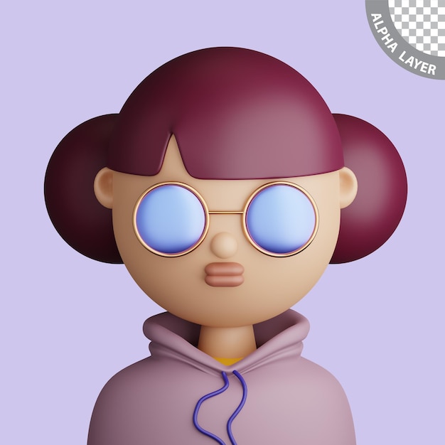 3D illustration of smiling pretty woman Cartoon close up portrait of standing caucasian woman with sunglasses on a purple background 3D Avatar for ui ux