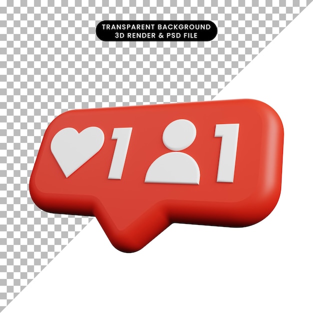 3d illustration of social media notification concept slightly tilted icon like,follow