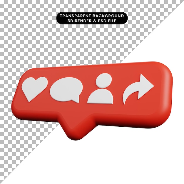 PSD 3d illustration of social media notification concept slightly tilted like,comment,follow,share