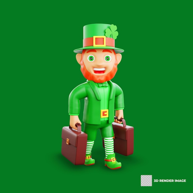 3D illustration of St Patrick Day character leprechaun holding two briefcases