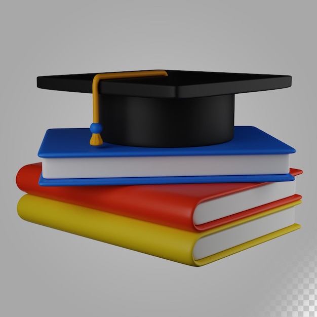 3d illustration stack of books and graduation hat