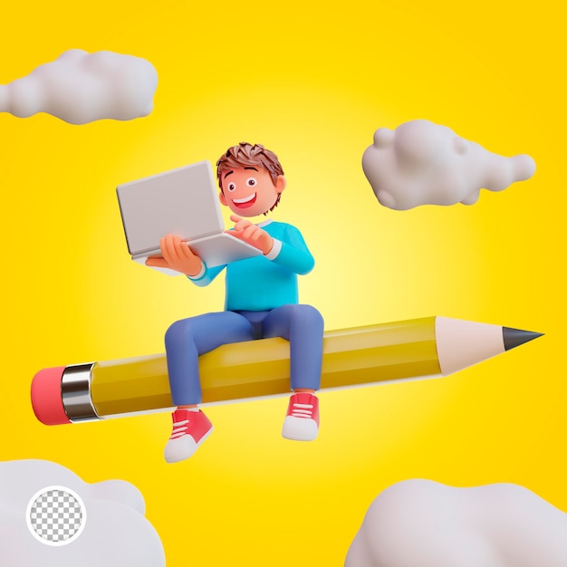 3d illustration student back to school and study holding laptop