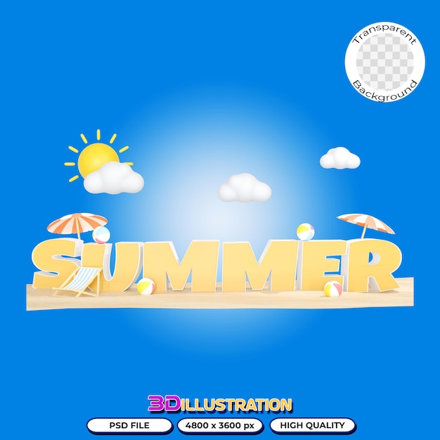 3D Illustration of summer text with summer elements on a transparent background