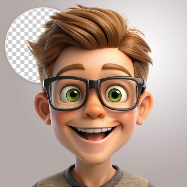 3d illustration of a teenager with a funny face and glasses on transparent background