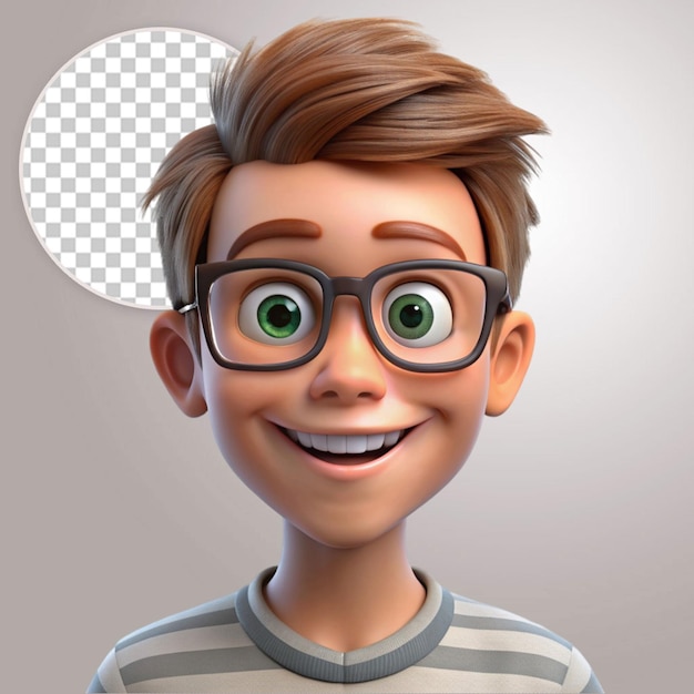 3d illustration of a teenager with a funny face and glasses on transparent background