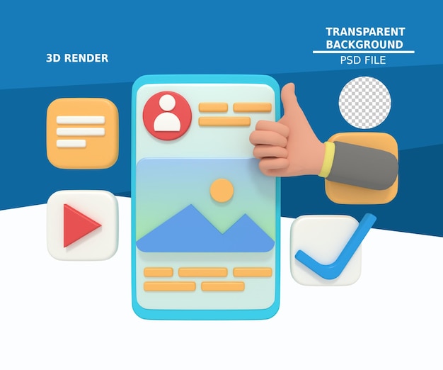 3d illustration of thumbs up profile content