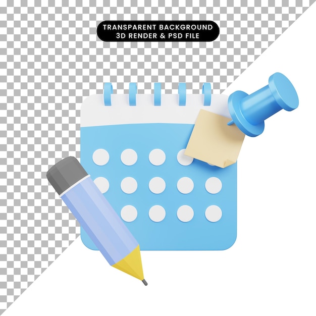 3d illustration of time task calendar pencil pin icon 3d render