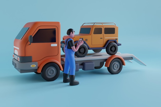 3d illustration of tow truck Car towing truck Online app Evacuation service transport