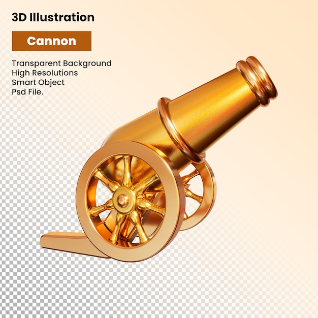 3d illustration traditional Arabic gold cannon with transparent background