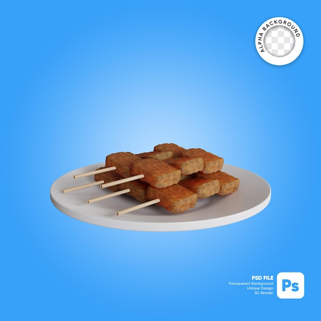 3d illustration of traditional Indonesian food chicken satay on a plate