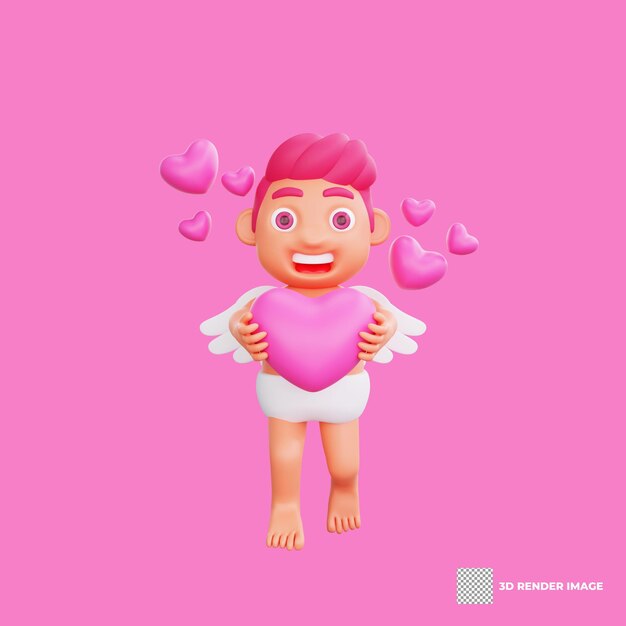 3D illustration of Valentine Cupid character holding a heart