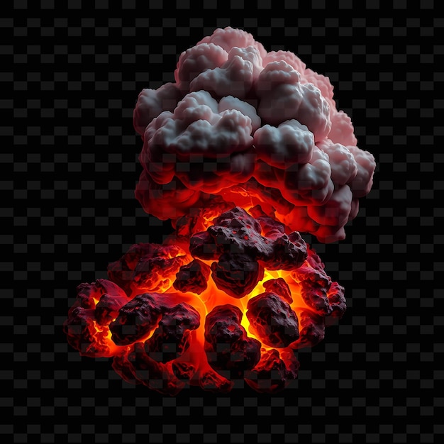 a 3d illustration of a volcano with the words fire and clouds