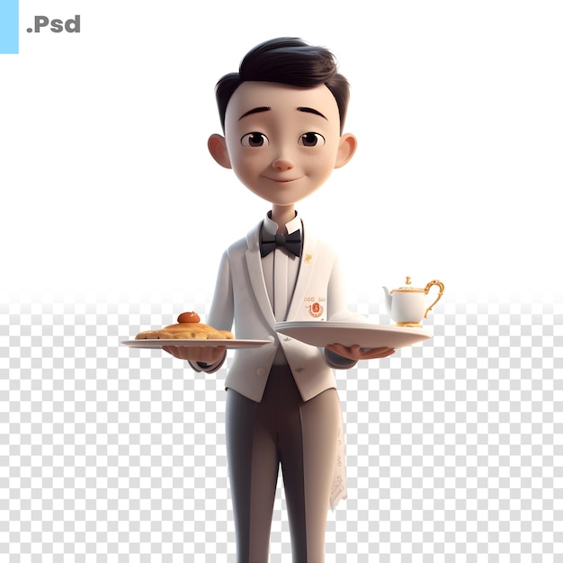 3d illustration of a waiter with a tray and a cup of coffee PSD template