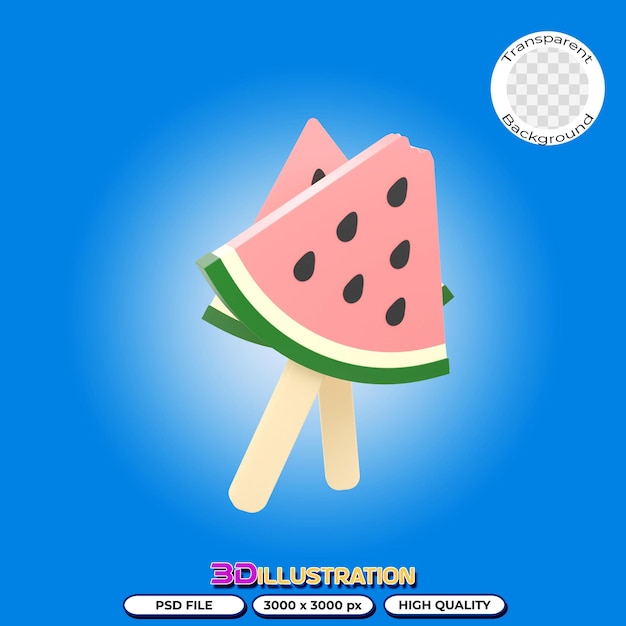 3D illustration of a watermelon slice on the wooden stick