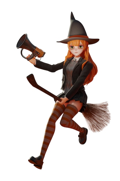 3D illustration Witch character Happy halloween Character concept art Witch flying on a broomstick