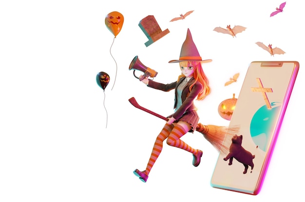 3D Illustration witch with Halloween broom online shopping concept digital marketing on website and mobile application