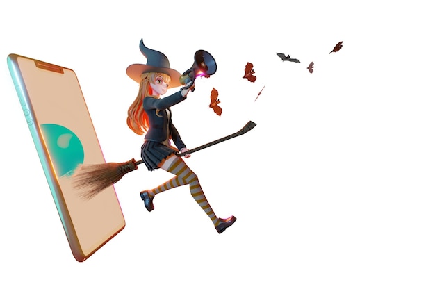 3D Illustration witch with Halloween broom online shopping concept digital marketing on website and mobile application