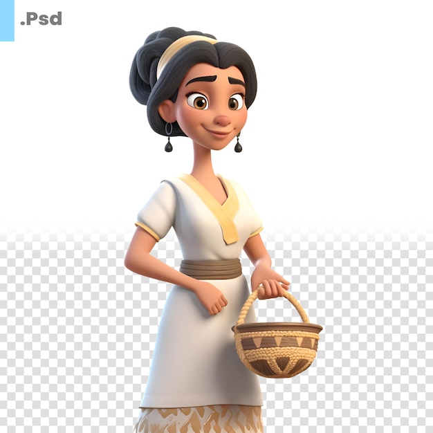 3D illustration of a young indian woman with a picnic basket PSD template