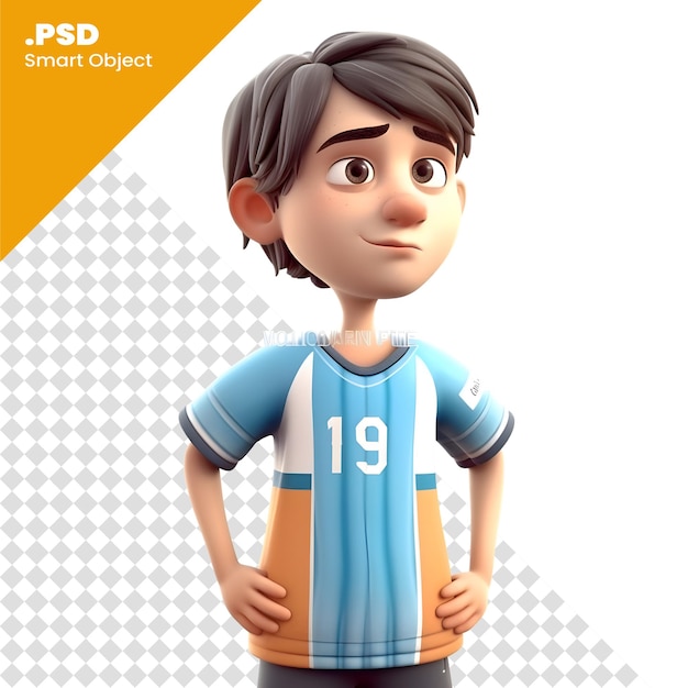 3D illustration of a young man with a soccer tshirt PSD template