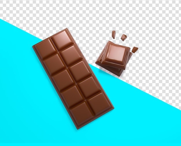 3d illustration of yummy chocolate pieces and bar on white background