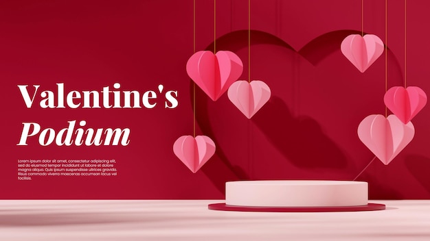 3d image render blank mockup maroon and white podium in landscape hanging hearts and gold string