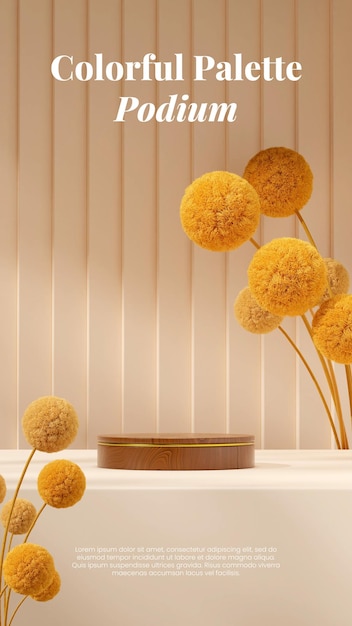 3D image render blank mockup round wood podium in portrait yellow mimosa flower