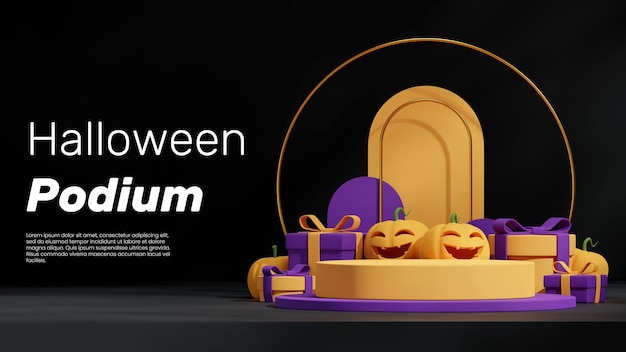 PSD 3d image render empty scene purple and yellow podium in landscape gift box and jack o' lantern