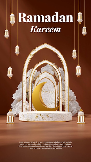 3d image render empty scene white marble podium in portrait rose, moon, and lamp ramadan kareem