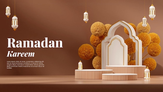 3d image render empty space white brown podium in landscape arabian lamp and mimosa flower ramadan