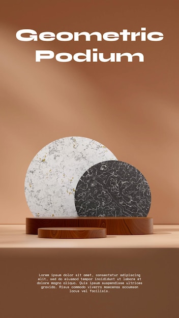 3D image render mockup space of brown wood podium in portrait with white and black marble circle