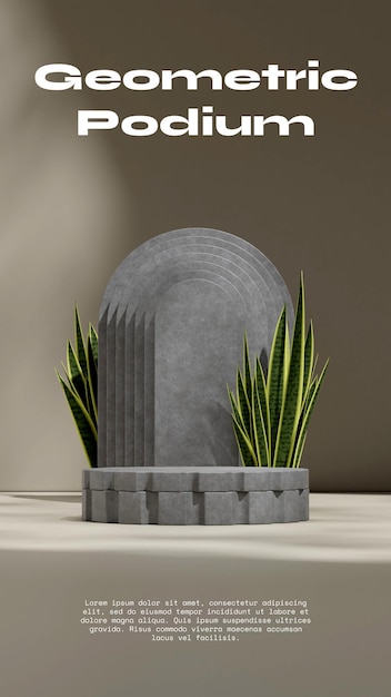 3D image render mockup space concrete texture podium in portrait concrete arch and sansevieria