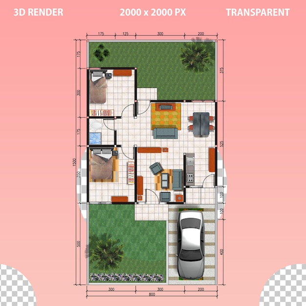 PSD a 3d interior design from outside view interior plan showing floorplan layout transparent background