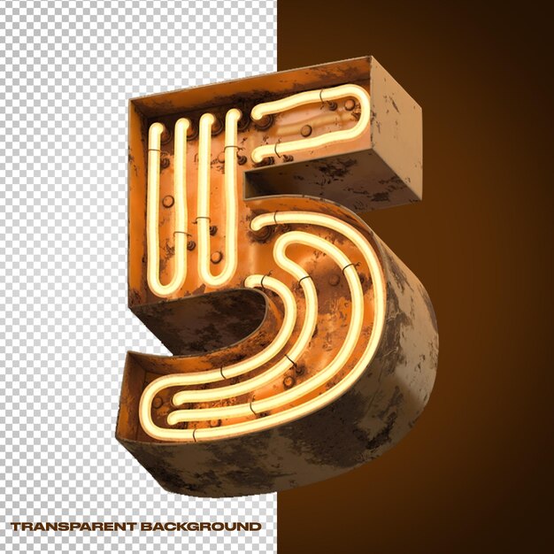 PSD 3d iron number 5 five with yellow orange neon light