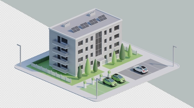 3d isometric multifamily housing with solar panels and parking for electric cars