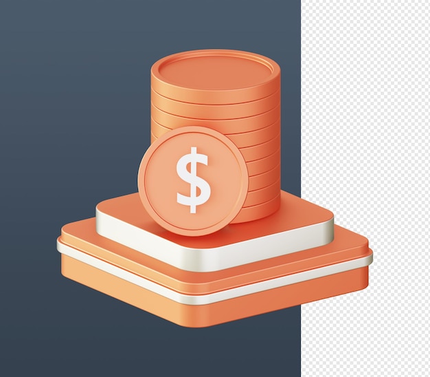 3d isometric of orange money and coins with podium icon for UI UX web mobile apps social media ads