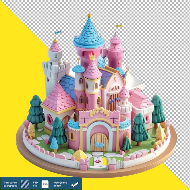 3D Isometric Render of Cute Toy Castle Transparent Background PNG PSD