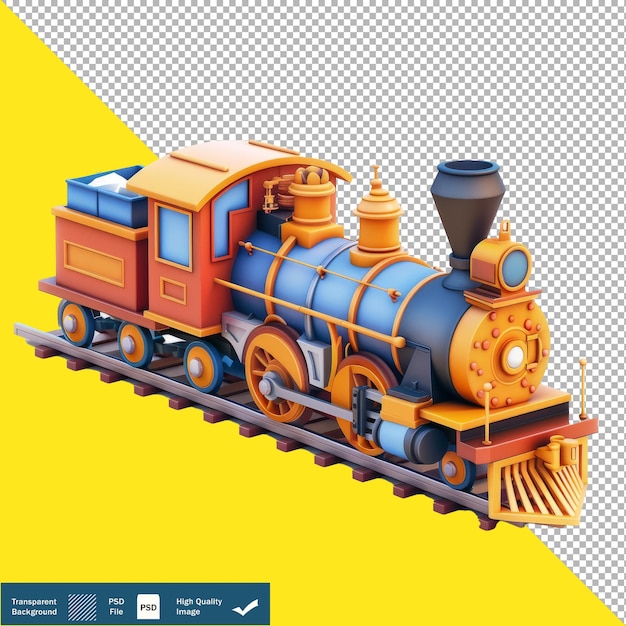 3D Isometric Render of Cute Toy Train Transparent Background PNG PSD