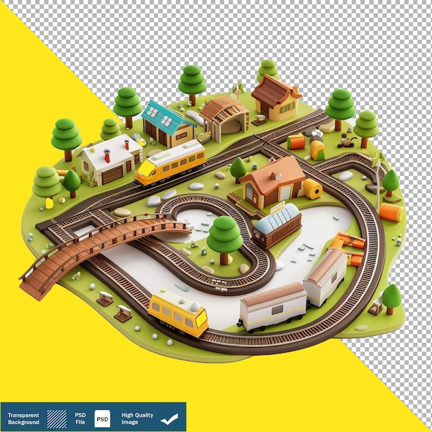 3D Isometric Render of Cute Train Set Transparent Background PNG PSD