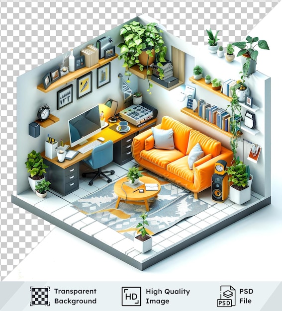 PSD 3d isometric room with computer on transparent background