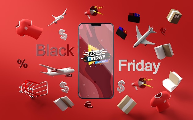 3d items black friday sale mock-up red background