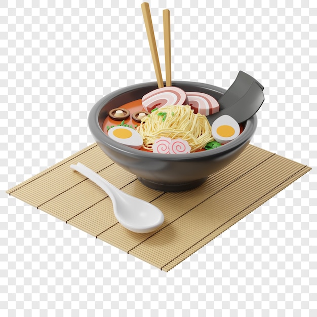 3d Japanese Ramen soup in a round plate on a bamboo mat chopsticks in the soup next to a spoon