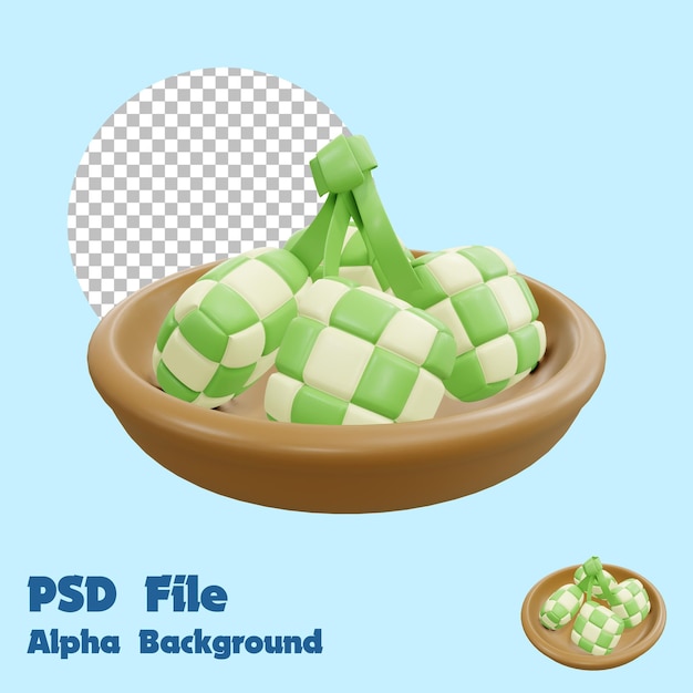 3D Ketupat on Bowl with Alpha Background