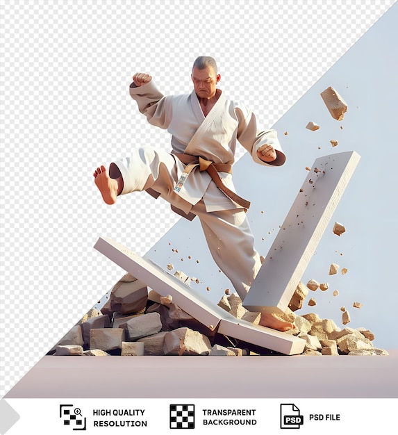 PSD a 3d korean cartoon tae kwon do master showcases precision kicks breaking boards under a blue sky