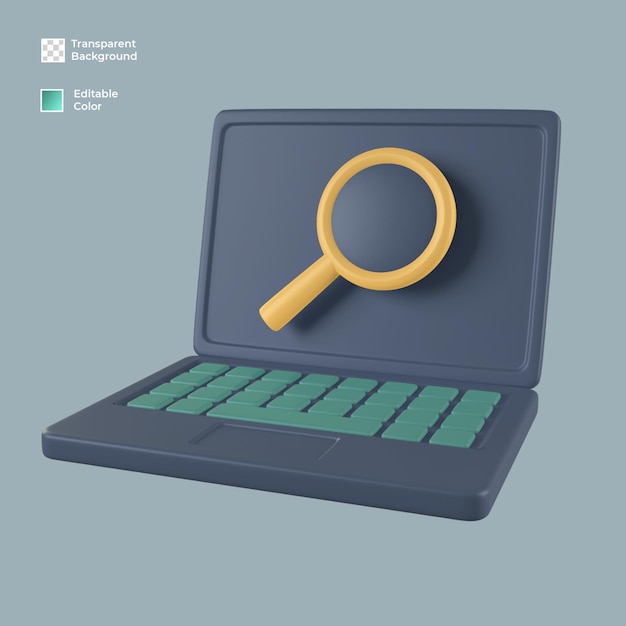 3d laptop with search icon render isolated