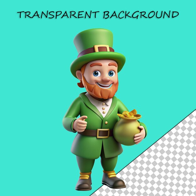 3D leprechaun with cauldron golden money and clover leave