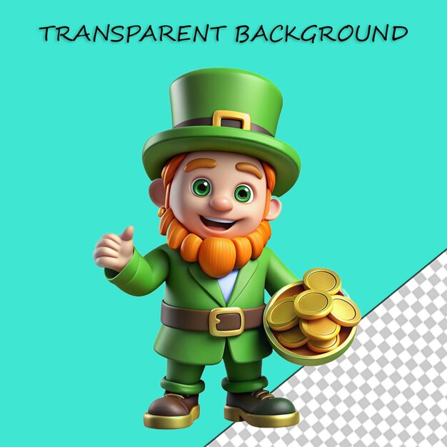 3D leprechaun with cauldron golden money and clover leave